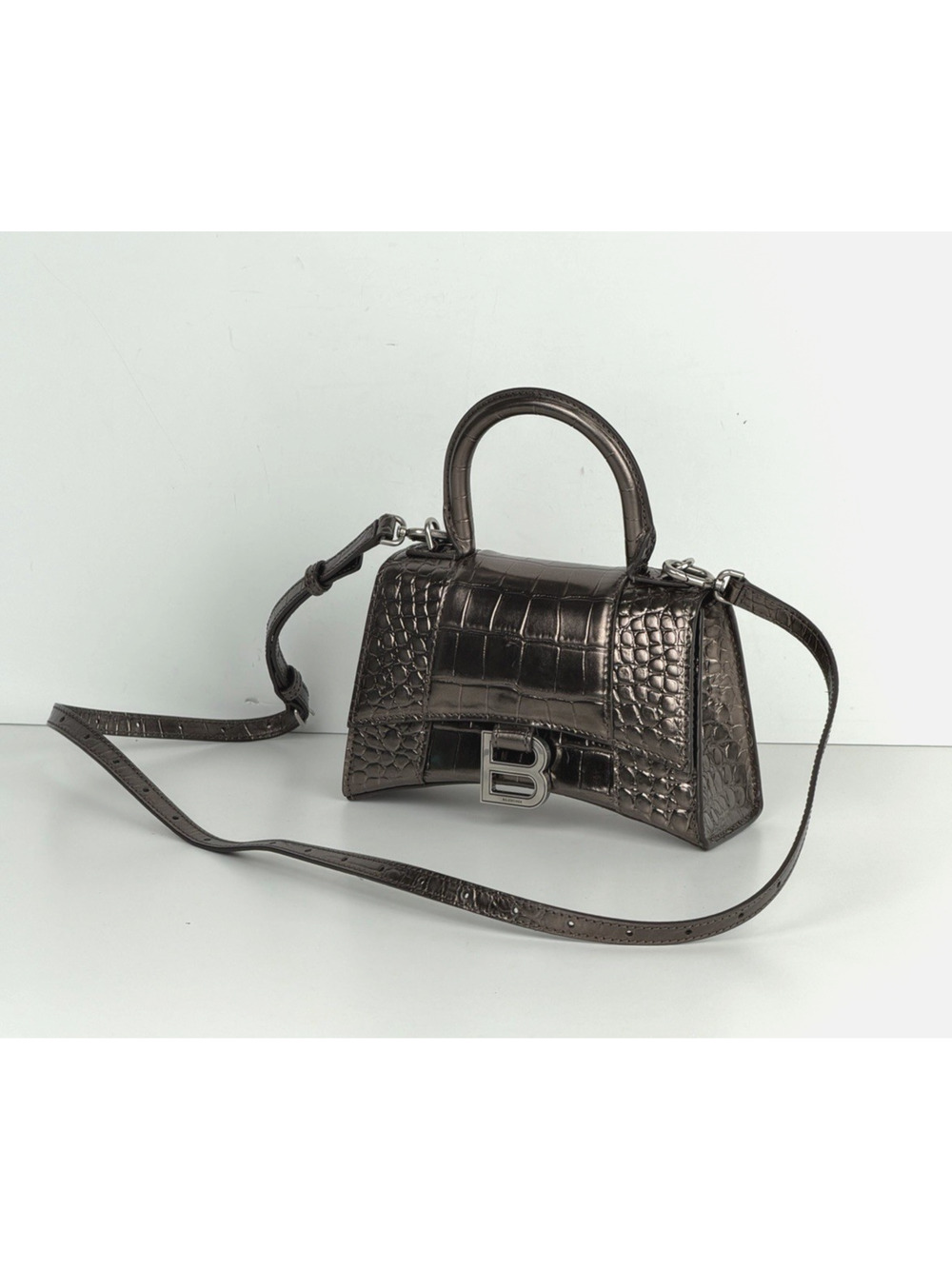 Balenciaga Hourglass XS Bag in Metallic Dark Gray Croc-Effect Leather S03